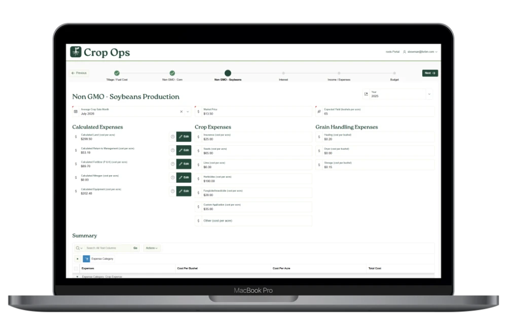 CropOps tool screenshot of crop expenses