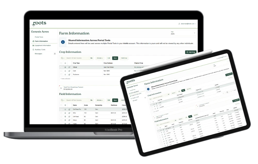 roots screenshot of the farm information page that includes crop and field details